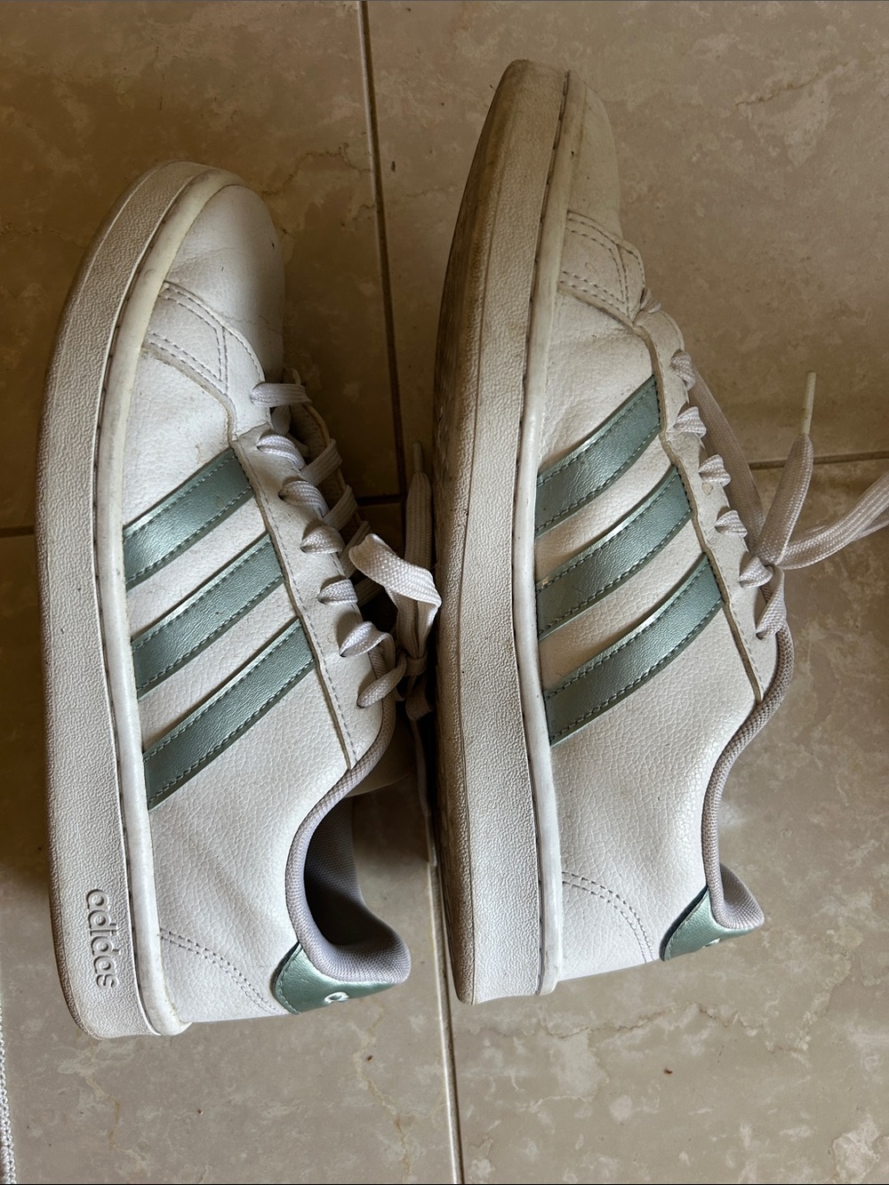 adidas White Sneakers with Light Green Stripes